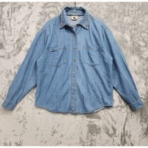 Vintage Fashion Options Top Womens M Blue Denim Button Up Western Laced Collar
